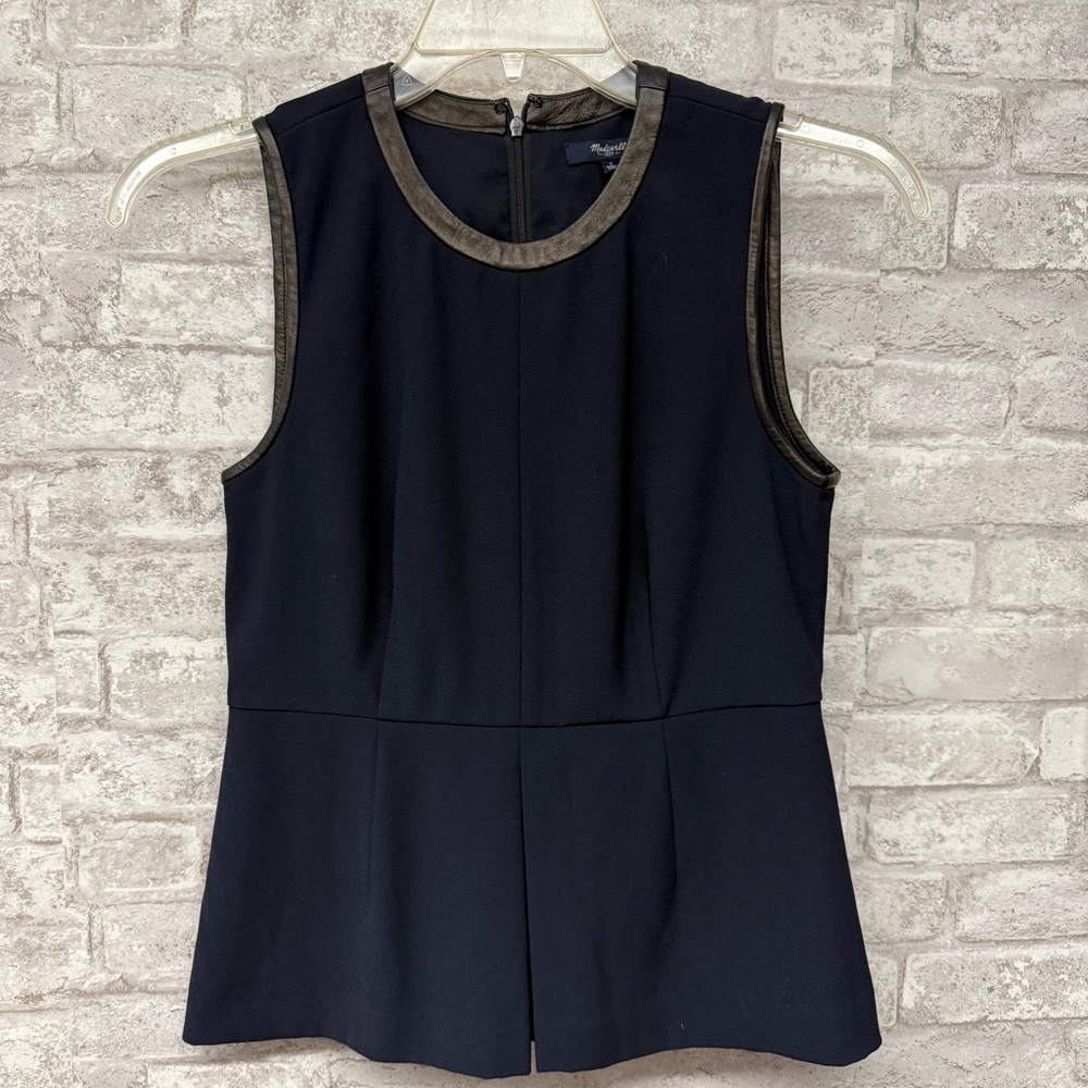 Madewell Peplum Top Navy Black Leather Trim Women’s Size‎ 4